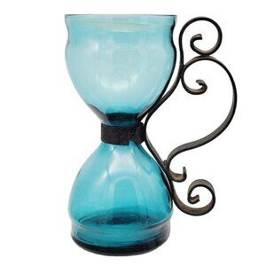 Vintage Aqua Blue Hourglass Shape Taper Candle Holder Wrought Iron Handle